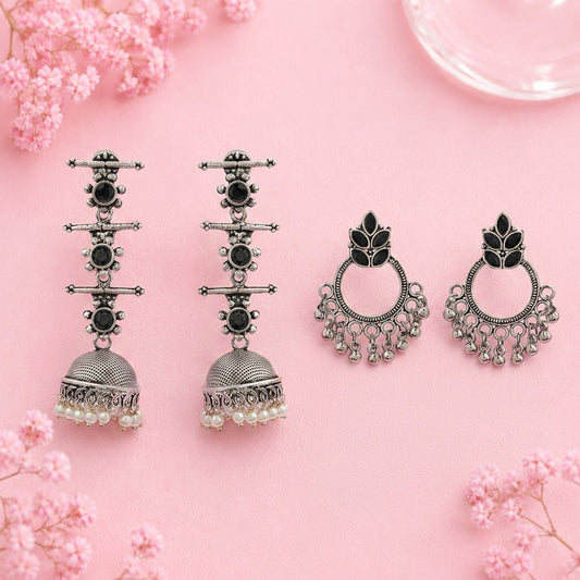 Royal Triple Bell Layered Jhumka Earring (Black) Fine Shine stud earrings (Black) Combo set