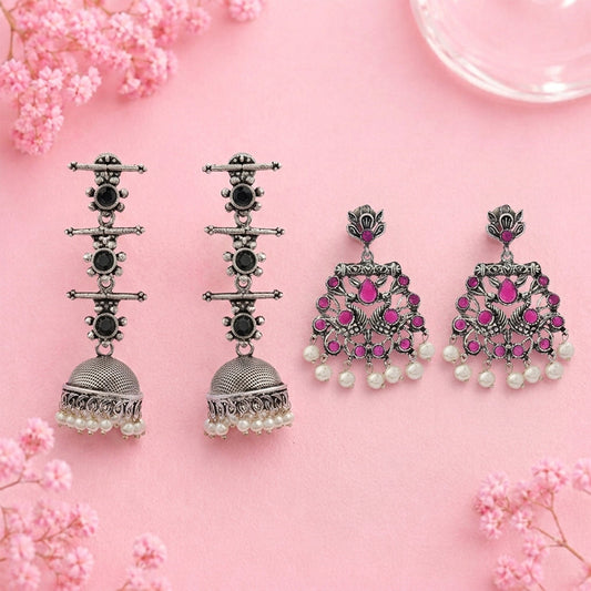 Royal Triple Bell Layered Jhumka Earring (Black) Peacock glow stone studded dangler earrings (Red) Combo set