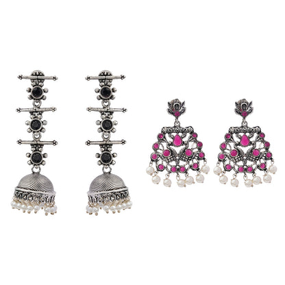 Royal Triple Bell Layered Jhumka Earring (Black) Peacock glow stone studded dangler earrings (Red) Combo set