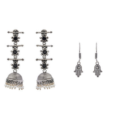 Royal Triple Bell Layered Jhumka Earring (Black) Evil Eye guard dangler earrings (Silver) Combo set