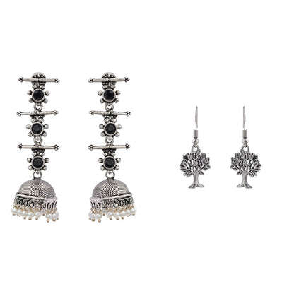 Royal Triple Bell Layered Jhumka Earring (Black) Roots of elegance dangler earrings (Silver) Combo set