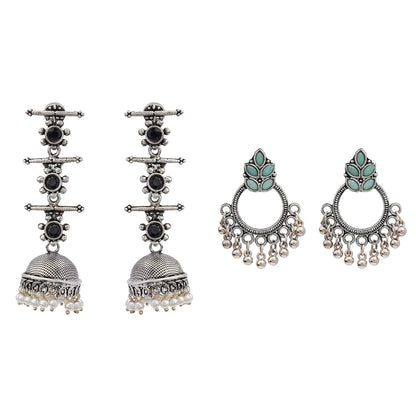 Royal Triple Bell Layered Jhumka Earring (Black) Fine Shine stud earrings (Mint) Combo set