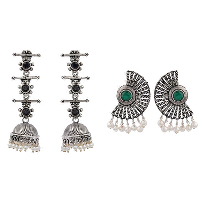 Royal Triple Bell Layered Jhumka Earring (Black) Bloom Arc pearl stud earring (Green) Combo set
