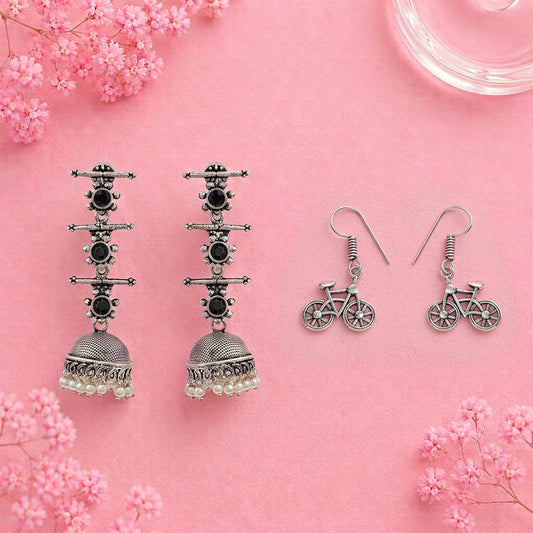 Royal Triple Bell Layered Jhumka Earring (Black) Cycle Charm Dangler earrings (Silver) Combo set