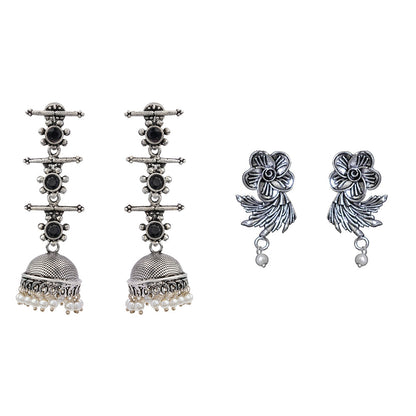 Royal Triple Bell Layered Jhumka Earring (Black) Floral Swirl stud earrings (Silver) Combo set