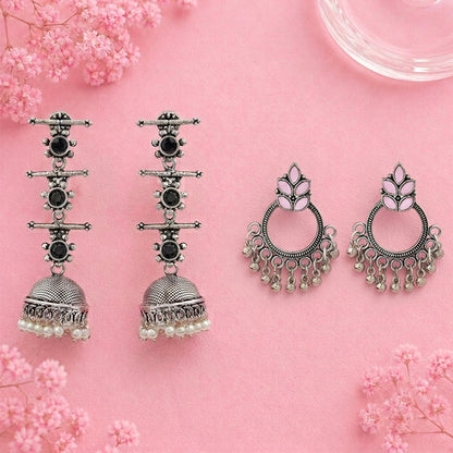 Royal Triple Bell Layered Jhumka Earring (Black) Fine Shine stud earrings (Baby Pink) Combo set