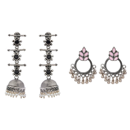 Royal Triple Bell Layered Jhumka Earring (Black) Fine Shine stud earrings (Baby Pink) Combo set