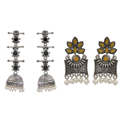Royal Triple Bell Layered Jhumka Earring (Black) Flora-Aura stone studded dangler earrings (Yellow) Combo set