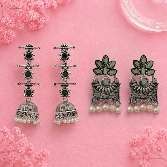 Royal Triple Bell Layered Jhumka Earring (Black) Flora-Aura stone studded dangler earrings (Pista) Combo set