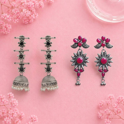 Royal Triple Bell Layered Jhumka Earring (Black) FloraSun dangler earrings (Red) Combo set