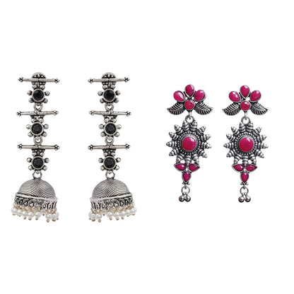 Royal Triple Bell Layered Jhumka Earring (Black) FloraSun dangler earrings (Red) Combo set