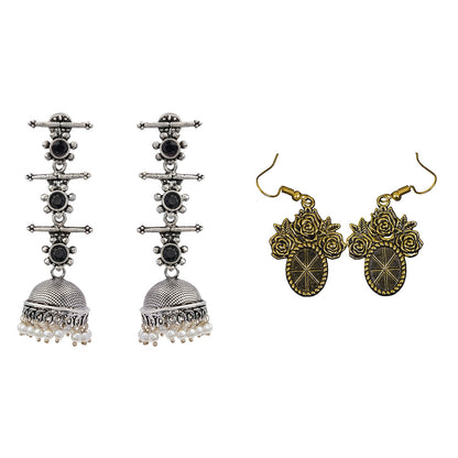 Royal Triple Bell Layered Jhumka Earring (Black) Vintage Oval Flower Shaped Golden Polished Oxidised Danglers Combo set