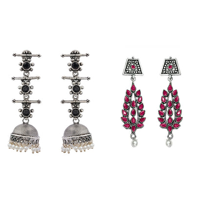 Royal Triple Bell Layered Jhumka Earring (Black) Precious Petal stone studded dangler earring (Red) Combo set