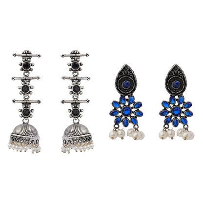 Royal Triple Bell Layered Jhumka Earring (Black) Drew flower pearl stud earrings (Blue) Combo set
