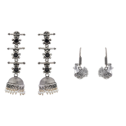 Royal Triple Bell Layered Jhumka Earring (Black) Rooster radiance dangler earrings (Silver) Combo set