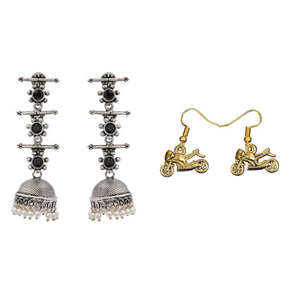 Royal Triple Bell Layered Jhumka Earring (Black) Sports Bike Shaped Golden Polished Oxidised Danglers Combo set
