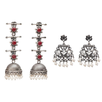 Royal Triple Bell Layered Jhumka Earring (Dark Maroon) Peacock glow stone studded dangler earrings (White) Combo set