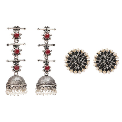 Royal Triple Bell Layered Jhumka Earring (Dark Maroon) Desi Diva stud earring (Black) Combo set
