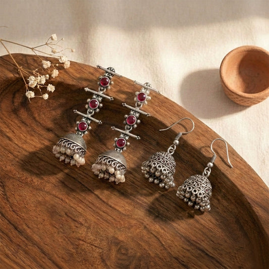 Royal Triple Bell Layered Jhumka Earring (Dark Maroon) Tiny Twinkle jhumki earring (Silver) Combo set