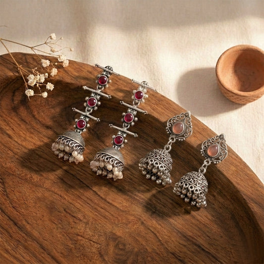 Royal Triple Bell Layered Jhumka Earring (Dark Maroon) Kalash Kamal earring (Light Orange) Combo set