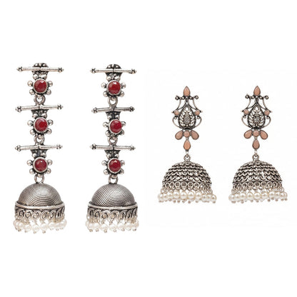 Royal Triple Bell Layered Jhumka Earring (Dark Maroon) Kalash Kamal earring (Light Orange) Combo set