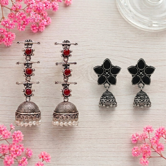 Royal Triple Bell Layered Jhumka Earring (Dark Maroon) Beauty Bloom ghunghroo jhumki earring (Black) Combo set