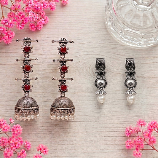 Royal Triple Bell Layered Jhumka Earring (Dark Maroon) Wonderful wildflower oxidised stud earrings (Black) Combo set