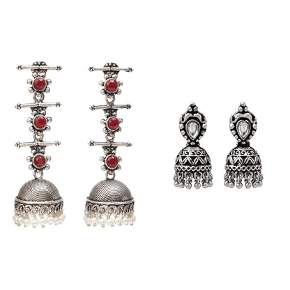 Royal Triple Bell Layered Jhumka Earring (Dark Maroon) Jharokha stone studded jhumki earring (White) Combo set