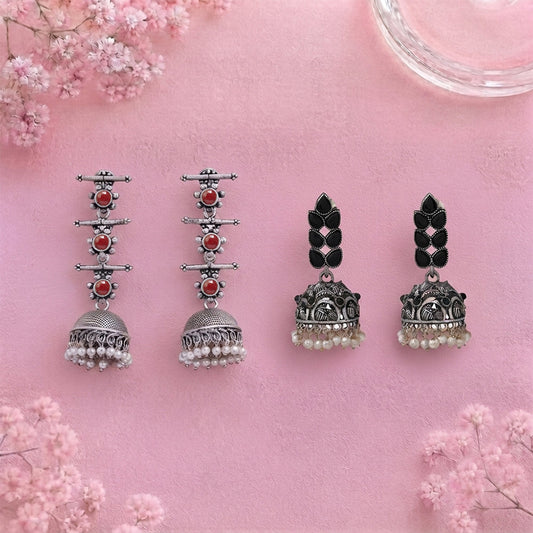 Royal Triple Bell Layered Jhumka Earring (Dark Maroon) Leaf Cascade jhumki earrings (Black) Combo set