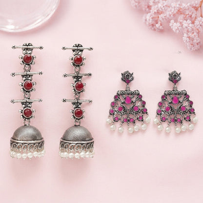 Royal Triple Bell Layered Jhumka Earring (Dark Maroon) Peacock glow stone studded dangler earrings (Red) Combo set