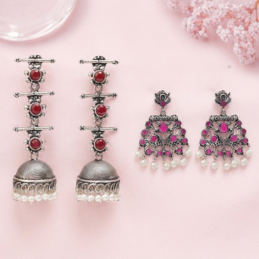 Royal Triple Bell Layered Jhumka Earring (Dark Maroon) Peacock glow stone studded dangler earrings (Red) Combo set