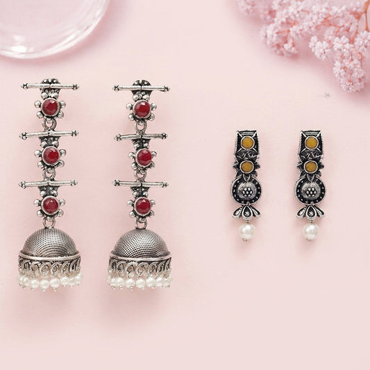Royal Triple Bell Layered Jhumka Earring (Dark Maroon) Wonderful wildflower oxidised stud earrings (Yellow) Combo set