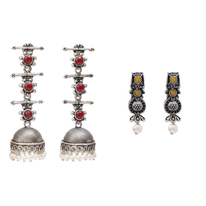 Royal Triple Bell Layered Jhumka Earring (Dark Maroon) Wonderful wildflower oxidised stud earrings (Yellow) Combo set