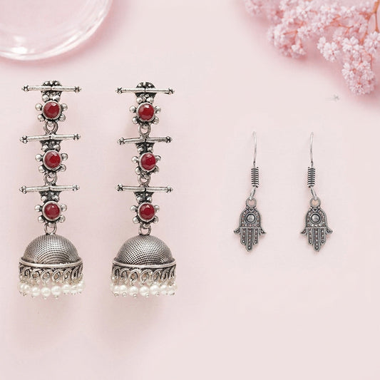 Royal Triple Bell Layered Jhumka Earring (Dark Maroon) Evil Eye guard dangler earrings (Silver) Combo set