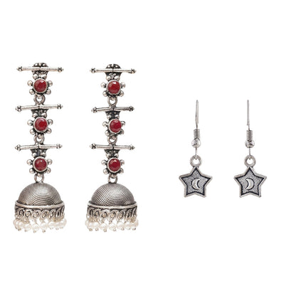 Royal Triple Bell Layered Jhumka Earring (Dark Maroon) You're a star dangler earrings (Silver) Combo set