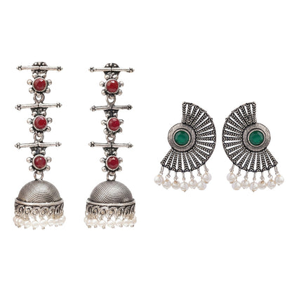 Royal Triple Bell Layered Jhumka Earring (Dark Maroon) Bloom Arc pearl stud earring (Green) Combo set