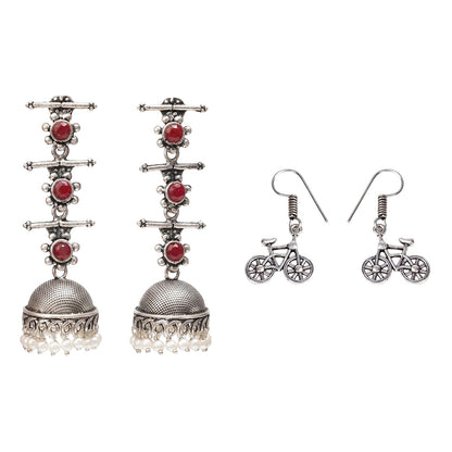 Royal Triple Bell Layered Jhumka Earring (Dark Maroon) Cycle Charm Dangler earrings (Silver) Combo set