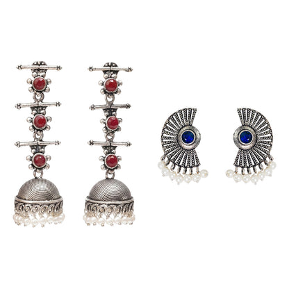 Royal Triple Bell Layered Jhumka Earring (Dark Maroon) Bloom Arc pearl stud earring (Blue) Combo set
