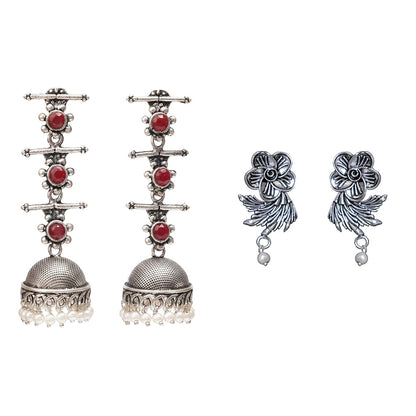 Royal Triple Bell Layered Jhumka Earring (Dark Maroon) Floral Swirl stud earrings (Silver) Combo set