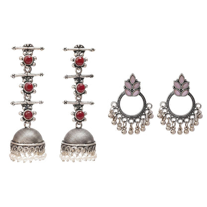 Royal Triple Bell Layered Jhumka Earring (Dark Maroon) Fine Shine stud earrings (Baby Pink) Combo set