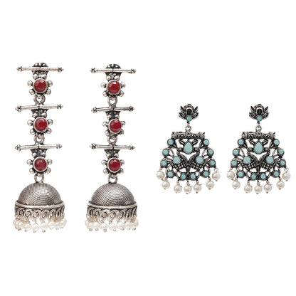 Royal Triple Bell Layered Jhumka Earring (Dark Maroon) Peacock glow stone studded dangler earrings (Mint) Combo set