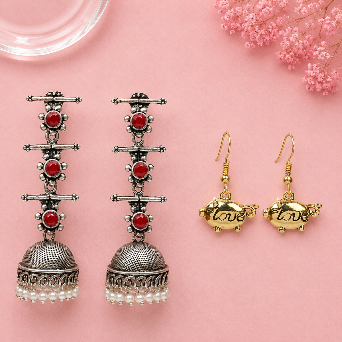 Royal Triple Bell Layered Jhumka Earring (Dark Maroon) Treasure oink dangler earrings Combo set