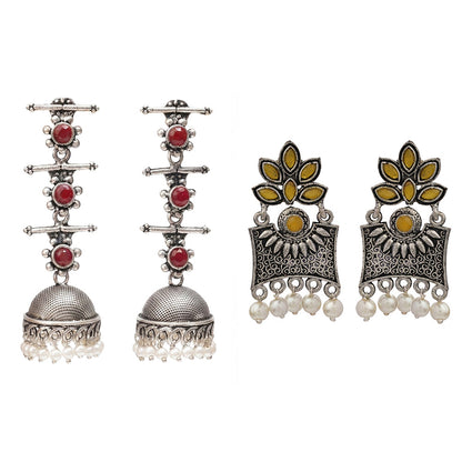 Royal Triple Bell Layered Jhumka Earring (Dark Maroon) Flora-Aura stone studded dangler earrings (Yellow) Combo set
