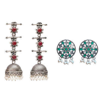 Royal Triple Bell Layered Jhumka Earring (Dark Maroon) Glass drops Dangler Earrings (Green) Combo set