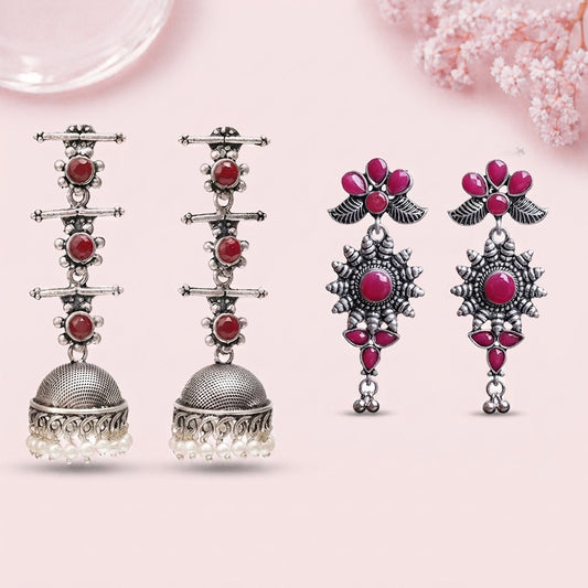Royal Triple Bell Layered Jhumka Earring (Dark Maroon) FloraSun dangler earrings (Red) Combo set