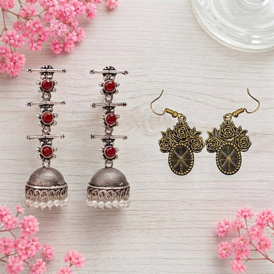 Royal Triple Bell Layered Jhumka Earring (Dark Maroon) Vintage Oval Flower Shaped Golden Polished Oxidised Danglers Combo set