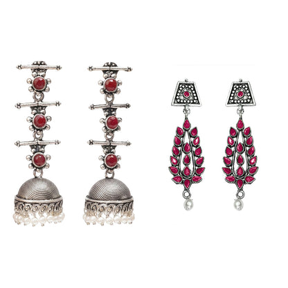 Royal Triple Bell Layered Jhumka Earring (Dark Maroon) Precious Petal stone studded dangler earring (Red) Combo set