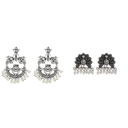 Carved Charm Dangler earrings (White) Meena Manjari stone stud earrings (Silver) Combo set