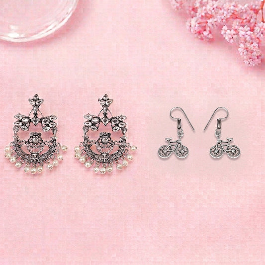 Carved Charm Dangler earrings (White) Cycle Charm Dangler earrings (Silver) Combo set