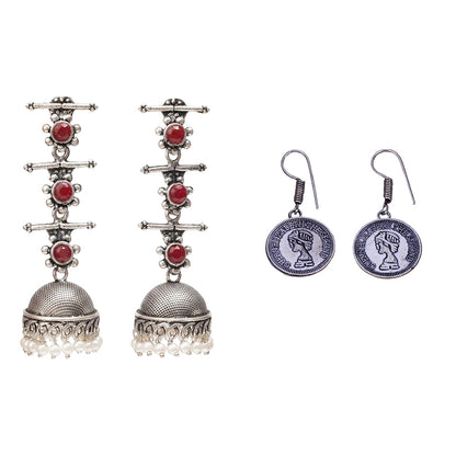 Royal Triple Bell Layered Jhumka Earring (Dark Maroon) Crown Jewel dangler earrings (Silver) Combo set